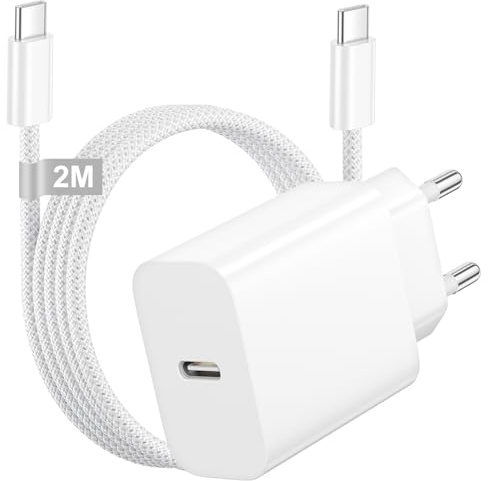 Cargador USB C Carga Rapida 25W, Cargador iPhone Carga Rapida Adaptador | Enchufe Tipo C Fast Charger USB c Carregador con Cable USB C 2 Metros para iPhone 17Air 16E 16 15 Pro MAX Plus/iPad Pro Air