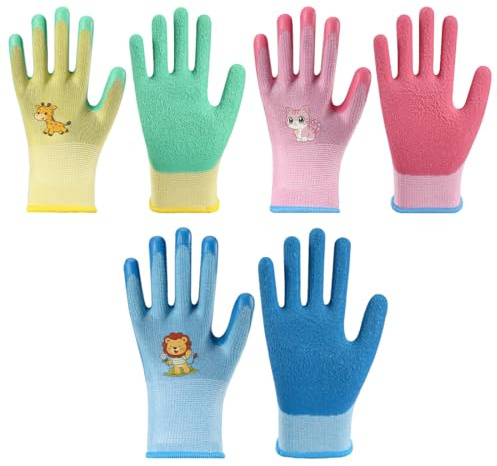 VEOIRXU 3 Pares Guantes de Jardinería para Niños Guantes de Jardín para Niños a Prueba de Espinas Guantes de Trabajo Antideslizantes para Patio Jardín Actividades al Aire Libre 6-9 Años (3 Colores)