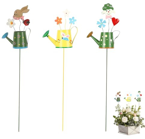 Frühlingsdeko Gartenstecker Metall Gießkanne, Blumenstecker Gartendeko für Draußen Wetterfest, Frühlingsdeko Bunte Gartenstecker Gartenpfähle Metall Blumenpfähle für Garten Hof Outdoor Deko (3 pcs)
