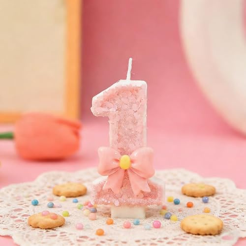 Ovanda Kerze 1 Geburtstag Mädchen 7,2 x 4,2 cm, Rosa Geburtstagskerze 1 mit Schleife und Glitzer, Zahlenkerze für Torte, Tortendeko 1. Geburtstag Mädchen, Kuchen Deko und Party