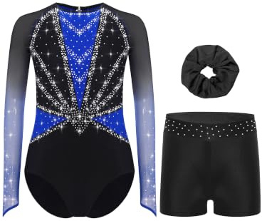 Yruioon 3Pcs Mädchen Turnanzug Glitzer Gymnastikanzug mit kurze Hose Haarband Langarm Gymnastik Leotard Wettbewerb Tanzkostüm