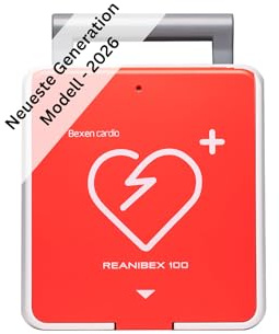 Reanibex 100 AED Defibrillator 2026 vollautomatische Schockauslösung, für Zuhause, im Betrieb, Kleinkindertaste, Ladezeit 0 Sekunden, 7 Jahre Garantie, Sprache DE/UK/FR, Erste-Hilfe Set