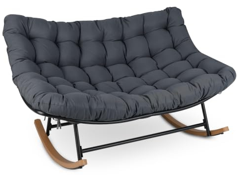 COSTWAY Fauteuil à Bascule Exterieur pour 2 Personnes, Charge 320 kg (Gris) | Rocking Chair en Métal, Coussin Épais Amovible, Patins Antidérapants, Fauteuil de Jardin pour Salon Balcon Terrasse