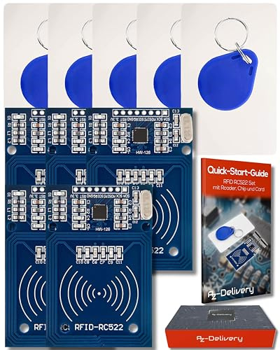 AZDelivery 5 x RFID-Kit RC522 med Läsare, Chip och Kort 13,56MHz SPI kompatibel med Arduino och Raspberry Pi inklusive en E-Book!