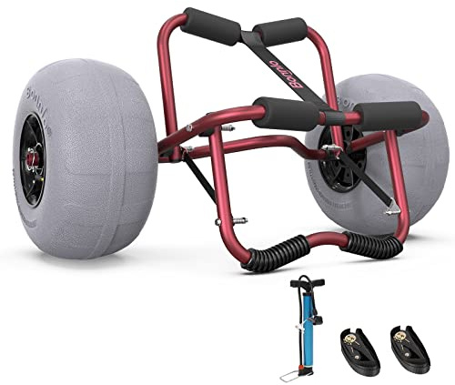 Bonnlo Kayak Cart Trolley Canoe Paddle Board Boat Cart Carrier Dolly with 12 Big Beach Wheels Balloon Kayak Transport Wheels Cart Foldable, Free Pump, 2 Ratchet Straps- Perfect for Soft Sand (Red)