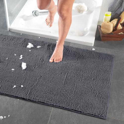 Dreamhome hochwertige große Badematte 65x110 rutschfest Badezimmerteppich Badvorleger schnell trocknender pflegeleichter Duschvorleger Farbe: Grau