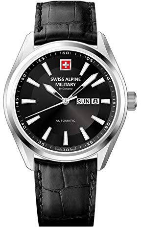 Swiss Alpine Military Montre Homme - Fabrication Suisse - 43mm - Automatique - Verre Saphir - 10 ATM - Bracelet Cuir Noir, Bracelet en cuir noir, Sangle