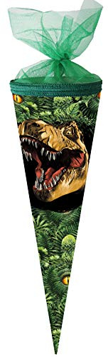 Schultüte/Zuckertüte 50 cm rund Dino Dschungel mit Tüll/Textilborte-Verschluß