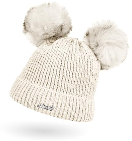 Neverless® Kinder Mädchen Strickmütze Zwei Bommel Kunstfell Doppelbommel Bommelmütze Wintermütze Pudelmütze Rippstrick