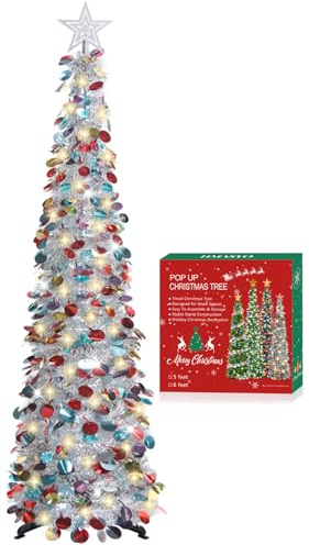 HMASYO 5FT/1.5M Pop Up Christmas Tree with Timer Lights, Silver Tinsel Christmas Tree, Collapsible Artificial Pencil Tree Xmas Decoration for Indoor Home Apartment Porch Party, Easy Assembly