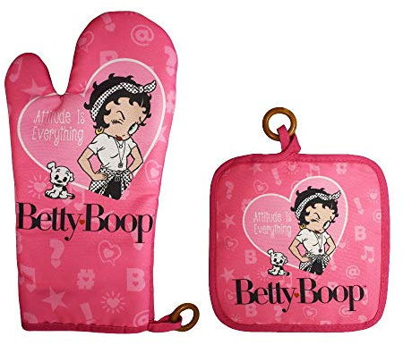 Betty Boop Oven Mitt & Pot Holder Set – “Attitude is Everything” Pink Kitchen Set – Officially Licensed Retro Cookware by Midsouth Products