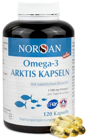 NORSAN Premium ARKTIS Kapseln - 1.500 mg Omega 3 hochdosiert - 120 Stück | 481 mg EPA & 720mg DHA pro Portion aus Doschöl - Fischöl aus nachhaltigem Wildfang - Omega-3 Öl gereinigt von Schadstoffen