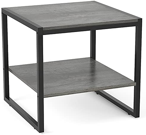 Homieasy End Table, 20 Inch Square End Table, Mini Fridge Stand with 2-Tier Storage Shelves, Industrial Wood Side Table Small Table Stand for Living Room, Bedroom, Office, Black Oak