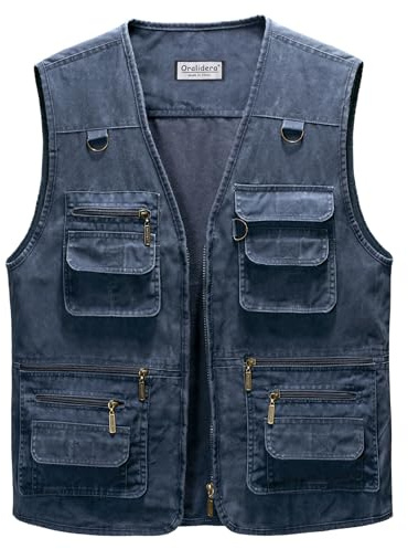 Oralidera Fiskeväst i bomull med flera fickor för män och utomhusbruk, västar, vardag ärmlösa jackor, toppar, väst för camping, jakt och fotografi, P08_Denim blå, M