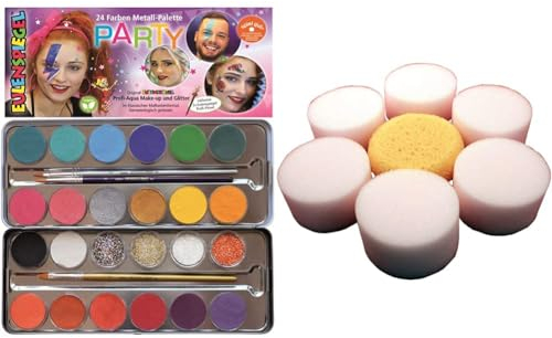 Eulenspiegel - Schminkset Party mit Schminkpalette und Schminkschwämme, 24 Farben, 3 Pinsel, Kinderschminke, Karneval [Exklusiv bei Amazon]