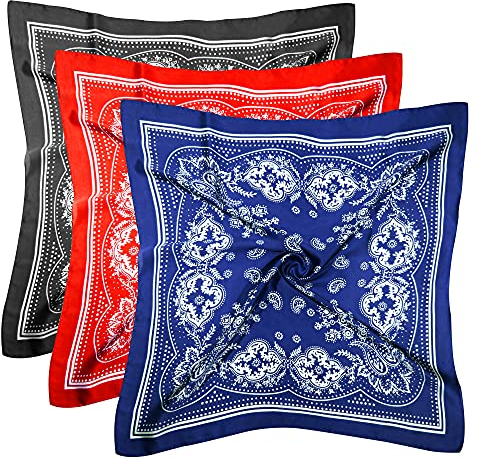 DOOBO Satin-Kopftuch, Haarschal, Seide, Bandana, Seide, Bandana, Seide, Haarband, Halstuch, für Damen und Mädchen, 70 cm, 3 Stück, Rot, Blau, Schwarz, Einheitsgröße