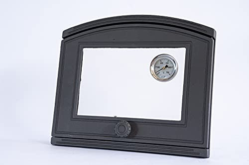 SEZAM Backofentür aus Gusseisen mit Thermometer 500 °C, hitzebeständige Glasscheibe, nach links öffnend, Pizzaofentür - Brotofen - Steinofentür, 37 x 6 x 31,5 cm - halbrund, grafitfarbene Bemalung