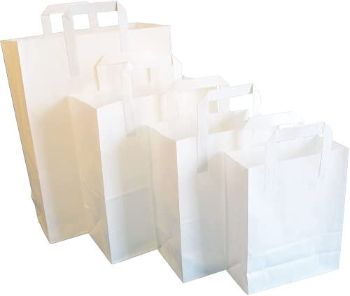 Pack of 100 White Kraft Paper Gift Bags with Flat Handles/Ideal for Gifts, Party, Shopping, Packaging, Wedding, Lunch, Takeaway, Grocery Use (Large 25.4 x 30.5 x 13.5 cm)
