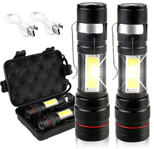 Torcia LED Ricaricabile - 2 Pezzi 2000 Lumen Super Luminoso Mini Torcia Led, Torcia Elettrica con 3 Modalità,IPX5 Impermeabile, COB LED Regolabile Portatile Torcia per All'aperto,Campeggio,Emergenza