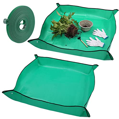 Hejo 2 Pezzi Tappetino per Rinvaso di Piante (100 x 100cm), Vieni con 1 Laccio per Piante Verdi 10 m x 10 mm, per Rinvaso di Piante, Pieghevole, Piante Grasse, Piantina