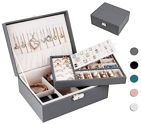 Homtibrm Schmuckkasten, Schmuckkästchen mit 2 Ebenen, PU-Leder Schmuckbox Schmuckschatulle Groß Schmuck Organizer für Ringe Ohrringe Armbänder Halsketten, Grau