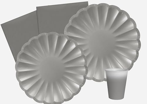 Kit Vaisselle de Fête Unicolor Flower Shape pour 24 personnes (112 pcs: 24 assiettes Ø23cm, 24 assiettes Ø18cm, 24 gobelets 250ml, 40 serviettes 33x33cm) en papier compostable eco-friendly, argent