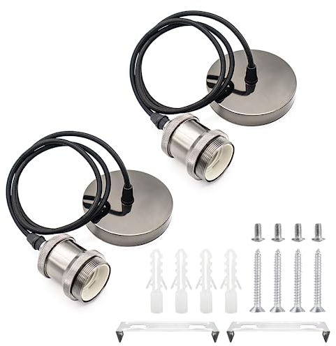 2 Stücke E27 Lampenaufhängung Metall Vintage Lampenfassung Retro Hängeleuchte Pendelleuchte mit Kabel Höhenverstellbar 100cm Textilkabel für Deckenbeleuchtung DIY Wand Deckenleuchte (Perlschwarz)