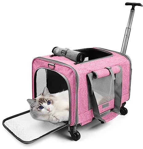 ALLSOPETS Haustierträger mit Rädern für Katzen und Hunde Luftfahrt Zugelassen mit Ausziehbarem Griff Abnehmbaren Rädern und Schultergurt Tragbare Tasche für kleine Tiere Rosa