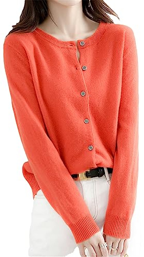 Cardigan för damer, O-hals, vår, höst, stickad kashmir-kashmir-cardigan enfärgad, enkelknäppt, vardaglig cardigan, Orange rött, XL