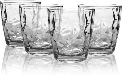 Topsky Set de 4 Vasos de Plástico Transparente, Vaso de Agua y Bebidas, Acrílico, Apilable, Ideal para Uso Diario en Piscina y Hogar, Apto para Lavavajillas y Fácil de Limpiar (Gris 300ml)