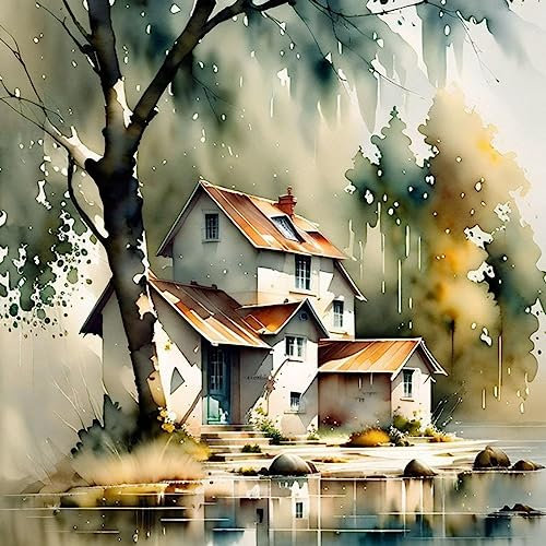 Quadro Su Tela Stampa Poster Capanna bagnata dell'acquerello accanto al grande albero per la decorazione domestica dell'ufficio 60x90cm