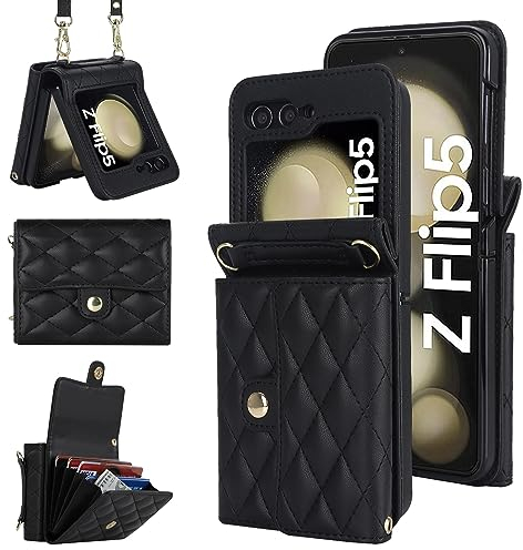 XIZYO für Samsung Galaxy Z Flip 5 Leder Crossbody Brieftasche Klapphülle mit Verstellbarem Abnehmbarem Umhängegurt, für Frauen Mädchen Niedlich Luxus Handyhülle mit Kartenhalter, Schwarz