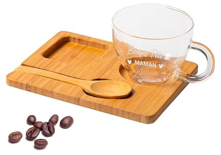lotdevin Tasse transparente en verre - Mug personnalisé Gravure Laser pour prénom, message… [ Mugs et tasses à café ] (Mug en verre + Plateau de service)