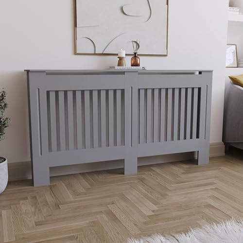 Vida Designs Chelsea Heizkörperabdeckung Olive Grey - Groß - Modernes vertikales Lamellendesign für optimale Wärmeverteilung - H82xW152xD19cm - Lackiertes MDF-Möbel Ideal für Wohnzimmer und Flur
