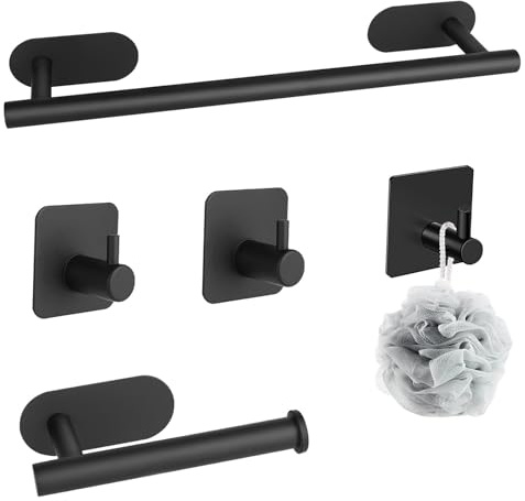 YUNYODA Portasciugamani senza foratura, 5 in 1, in acciaio inox, autoadesivo, per bagno e cucina, supporto per asciugamani da bagno, senza foratura, per asciugamani, 40 cm, colore nero
