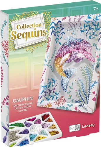 Lansay – COLLECTION SEQUINS Dauphin – Kit Créatif Tableau à Sequins pour Fille dès 7 Ans – Activité Manuelle Étincelante – Base Polystyrène – Loisirs Créatifs Enfants – Idée Cadeau