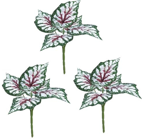 Shirfloral 3Pcs Fake Variegated Elephant Ear Plant Tropical Hawaiian Artificial Begonia Plants for Home Decor Indoor Fake Caladium Faux Small Shelf Plant Decor