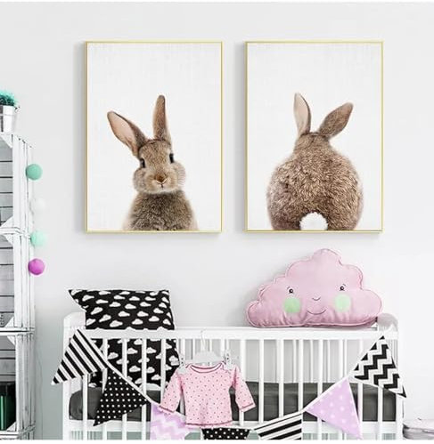 NXMYDBD Wandkunst, Bild mit Hasenschwanz, Waldtier, Leinwand-Poster, Kinderzimmer-Druck, minimalistisches Gemälde, Kinderzimmer-Dekoration, 60x80cm (24x31 Zoll) x2, ungerahmt