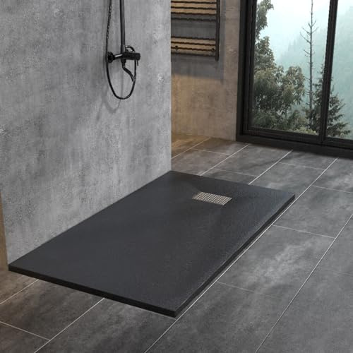 WITEN&NOCK SMC Duschwanne 160x80cm schwarz Brausewanne Duschtasse extra flache Steinoptik Antirutsch inkl. Abdeckung und Ablaufgarnitur Ø90mm Siphon