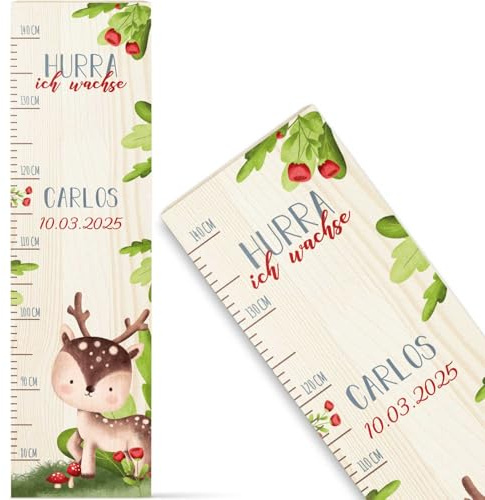 GRAVURZEILE Messlatte für Kinder aus Holz - Tiergruppe Wald - mit Namen für Kinderzimmer - Skala misst 80-140 cm - Größe 20 x 70 x 2 cm - Geschenk zur Geburt für Mädchen & Jungen - Reh