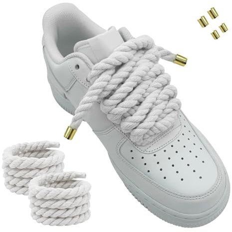 Hugwish 1 Par Cordones Zapatillas Gruesos Para Air Force 1, Rope Laces, Cordones Gordos (8mm,140cm), Cordones Cuerda Chunky Retorcidos Algodon Anchos Redondos Para Cordones de Bricolaje (blanco)