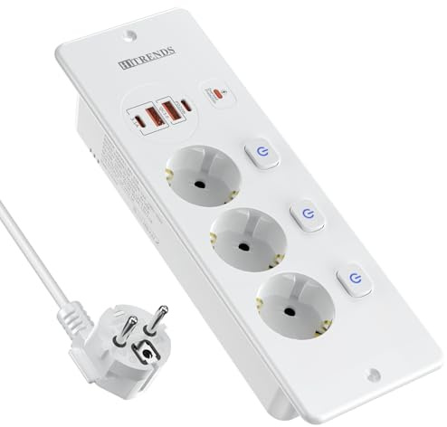 Tischplatte Versenkbare Steckdose mit 2 USB A & 2 Type C, Einbausteckdose Steckdosenleiste 3 Fach Einzeln Schaltbar mit 2M, Tischsteckdose mit Schalter für Tischplatte - Weiß