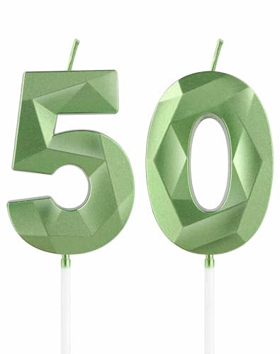 mciskin Grüne Kerzen zum 50. Geburtstag, 3D-Zahl 50, Kerzen für Kuchen, Frauen und Männer, Dekoration zum 50. Geburtstag, Salbeigrün, Kuchendekoration, Dekoration für Geburtstagsparty, Hochzeit