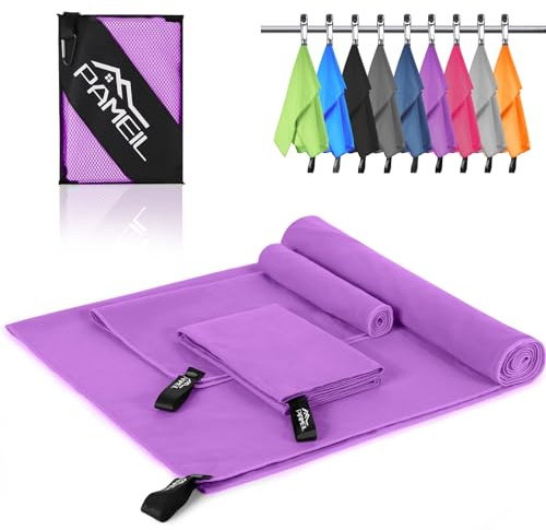 Pameil Microfibre Towel,3 Set(80 x 40cm x2 +160 x 80cm) Large Microfibre,Quick Dry Towel,Gym Workout Travel Swimming Beach Camp Outdoor Hiking (Light purple)
