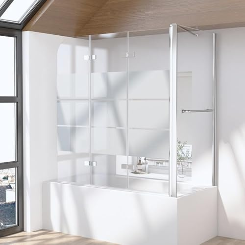 Duschwand für Badewanne mit Seitenwand 70x120x140cm 3-teilig Duschabtrennung, Gestreift Glas Faltbar Badewannenaufsatz Duschtrennwand aus 6mm ESG Sicherheitsglas, Seitenwand mit Handtuchhalter