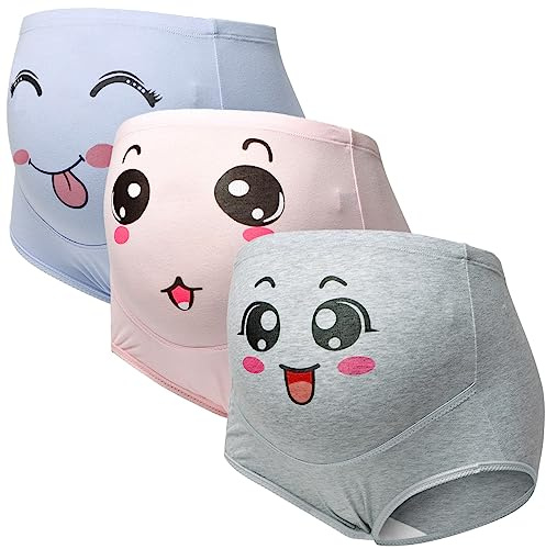 Lot De 3 Culottes De Maternité en Coton Extensible Taille Haute Culotte De Grossesse Culotte De Contrôle du Ventre À La Mode avec Imprimé Visage Souriant,XL