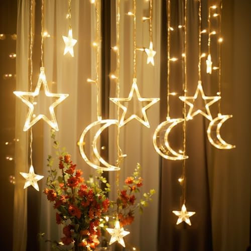 KFLY Star Moon LED Curtain String Light Christmas Fairy Lights 3.5m/11.5ft 138 LED Window Night Light Battery Powered for Home Indoor Islamic Ramadan Festival Lawn Terrace Decorations,Warm White