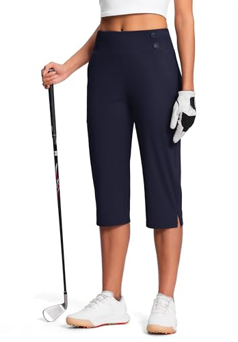 ISEEGZ 46 cm uppklädda capribyxor för kvinnor hög midja stretch dam golf capribyxor för sommar med fickor arbete ledig, Marinblått Xsp, M