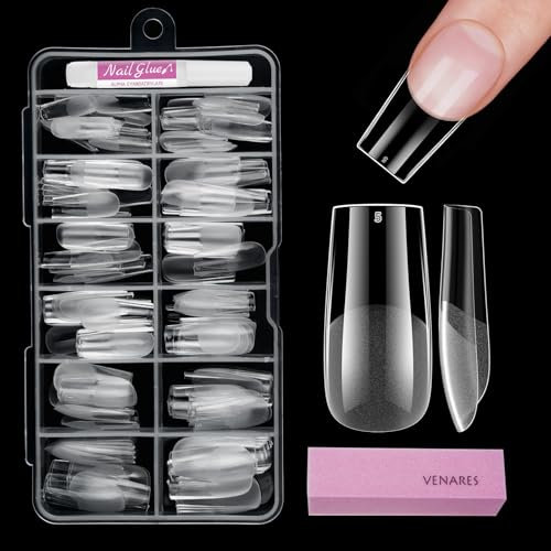 Capsule Americaine Ongle Carré Moyen, Venares 120 Pièces Capsules Ongles 12 Tailles Pose Americaine Ongle avec Colle, Blocs, Faux Capsules Carré Moyen-S