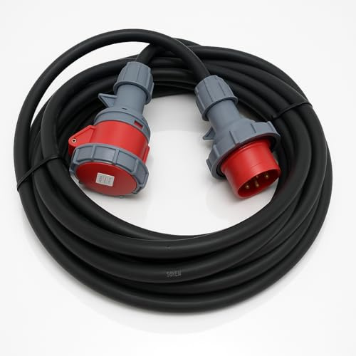 3 Phase 32A 4 Pin 415V IP67 Waterproof Extension Lead 25m – IEC 60309 3P+E Red – H07RN-F Heavy Duty Rubber Cable – PAT Tested (25 Metre)